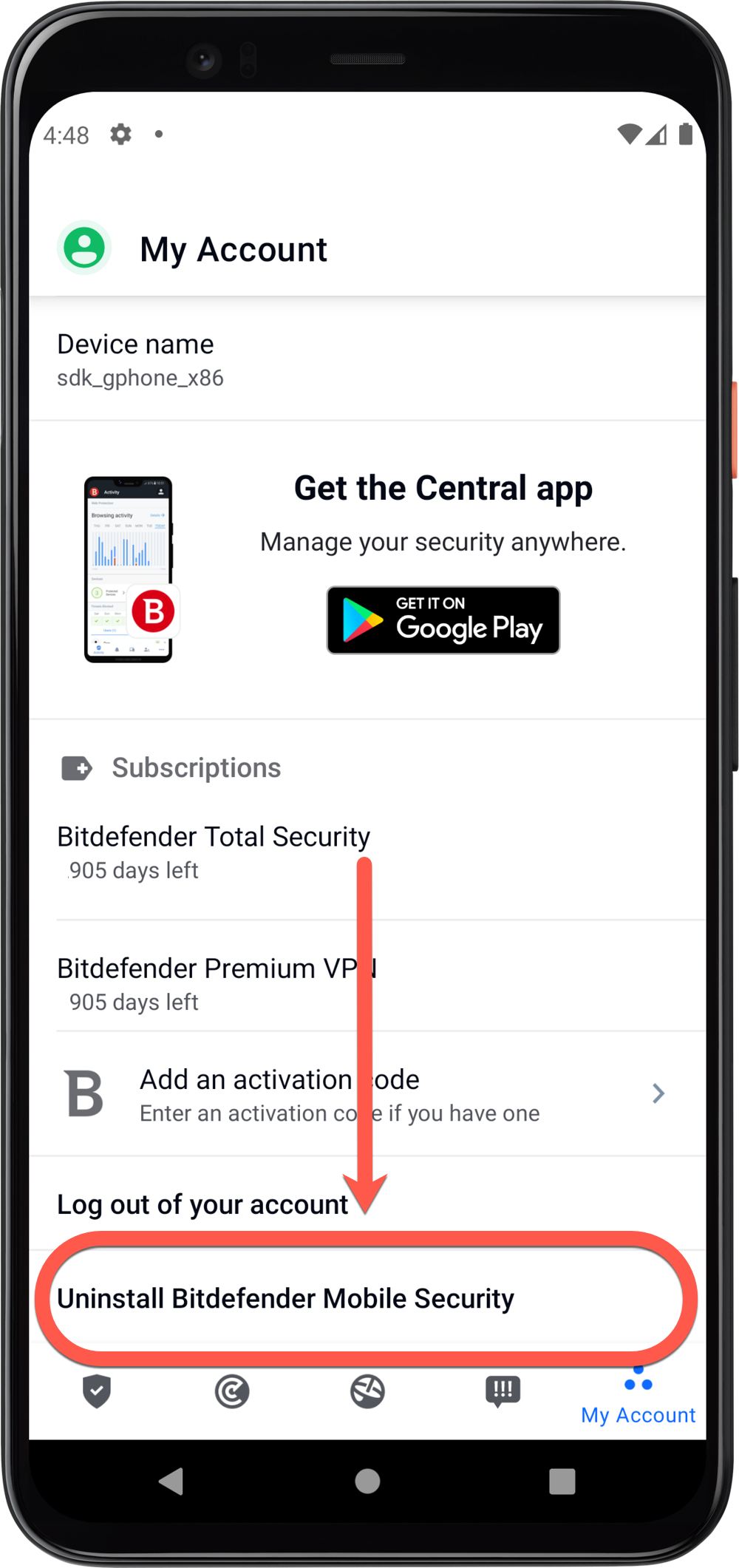 Cum se poate dezinstala Bitdefender Mobile Security pentru Android - metoda 1