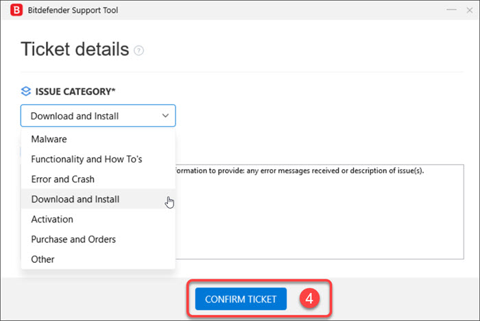 Cum generez un log Bitdefender support tool pe Windows - Confirm ticket