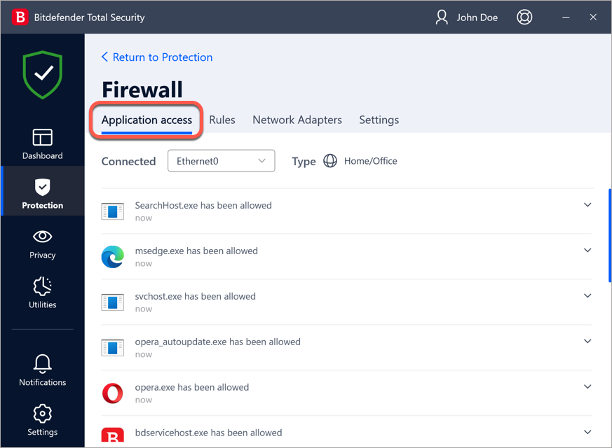 Fila Acces aplicație a funcției Firewall din Bitdefender