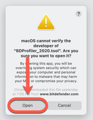 Avertisment macOS cu privire la descarcarea BDProfiler dinafara App Store