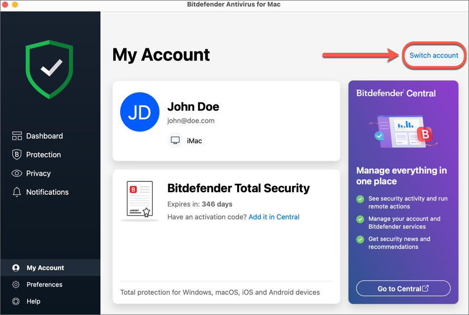Schimbă contul in Bitdefender Antivirus for Mac