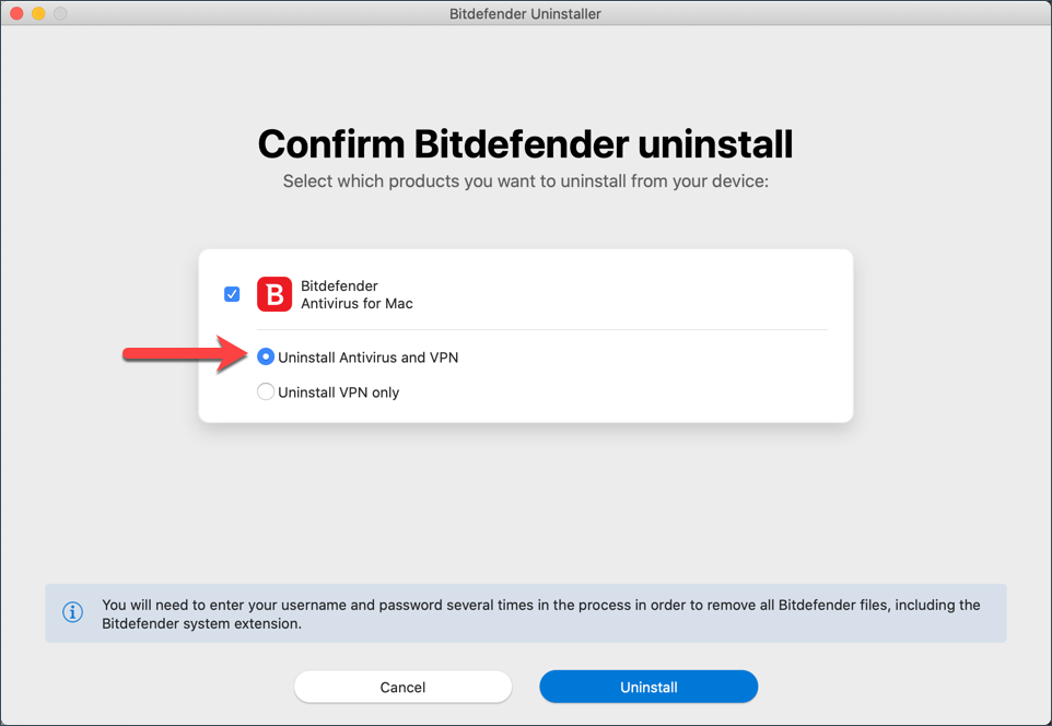 Cum pot dezinstala Bitdefender Antivirus for Mac - Selecteaza Antivirus si VPN