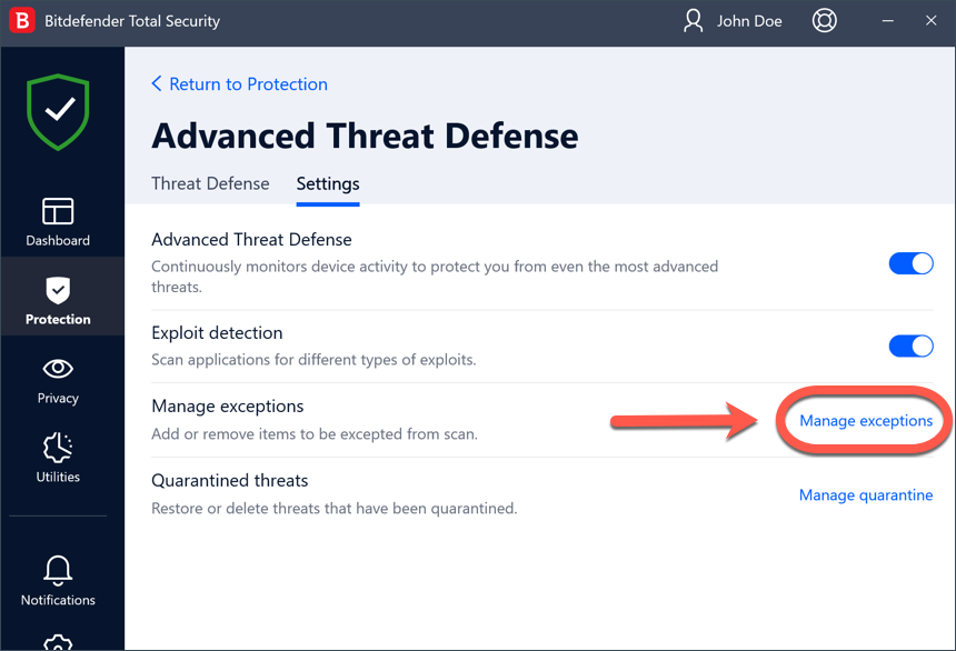 Administrare excepții Advanced Threat Defense