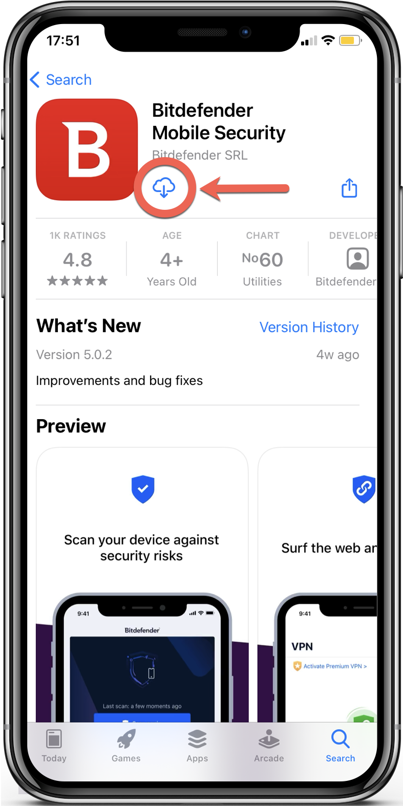 Instalarea Bitdefender Mobile Security pe iOS din App Store
