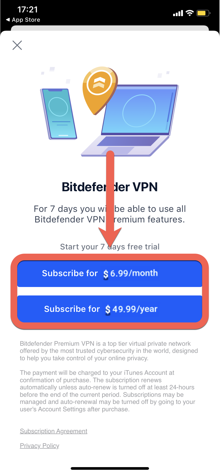 Abonament lunar sau anual - Bitdefender Premium VPN pe iOS 