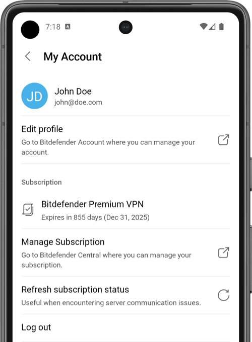 Bitdefender VPN pentru Android - cont
