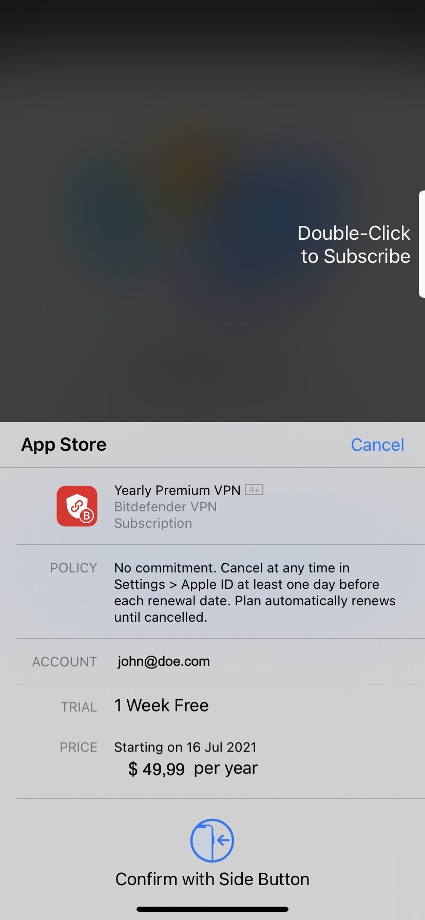 Plata Bitdefender Premium VPN pe iOS 