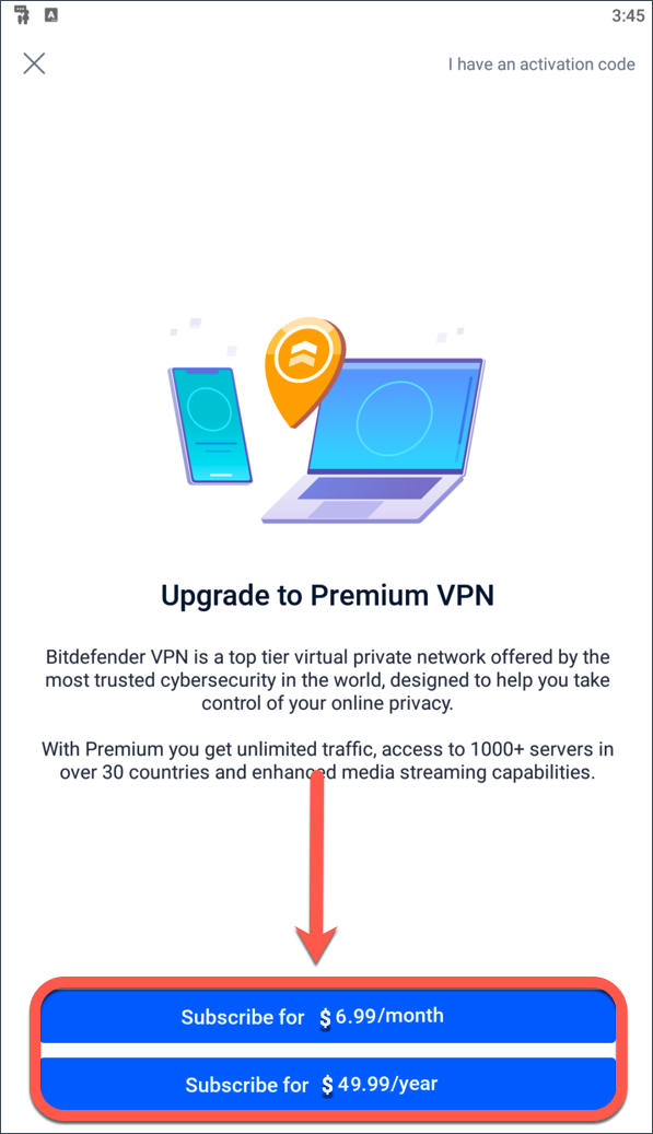 Alegerea tipului de abonament - Bitdefender Premium VPN pe Android