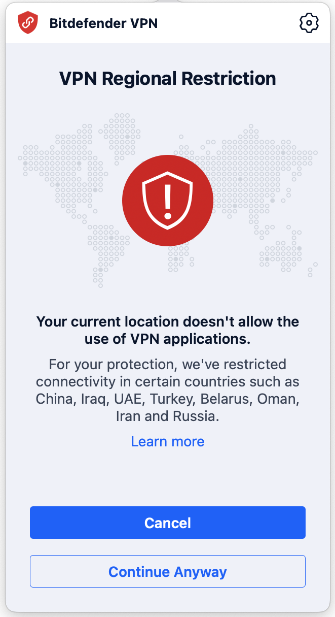 Bitdefender VPN - Restricție regională VPN