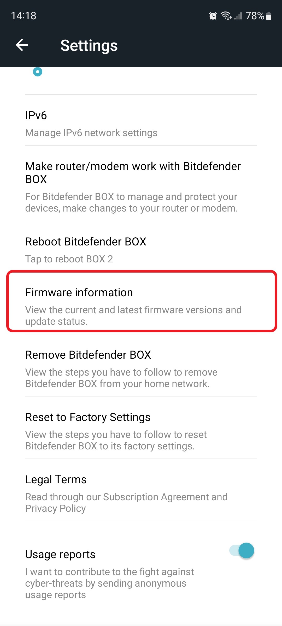 Cum se verifica versiunea firmware Bitdefender BOX