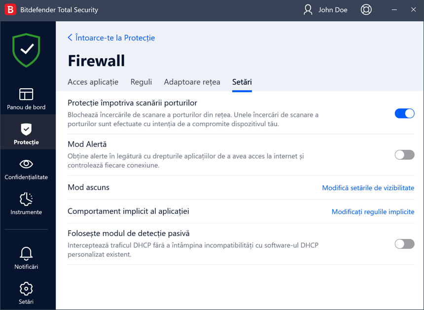 Setări - funcția firewall din Bitdefender