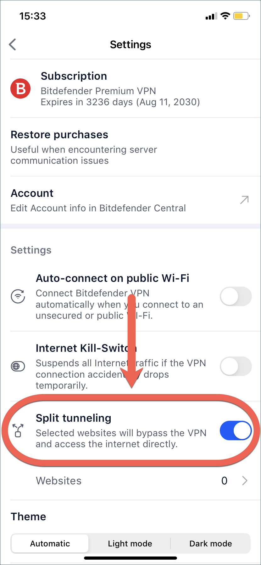 Enabling Split Tunneling in Bitdefender VPN for iOS.