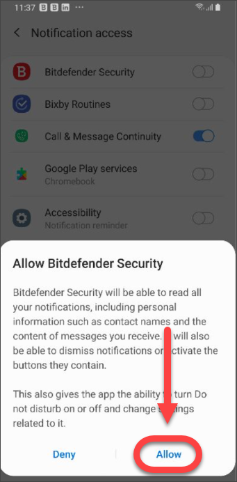 Permiteți ca Bitdefender Scam Alert să scaneze notificările Android