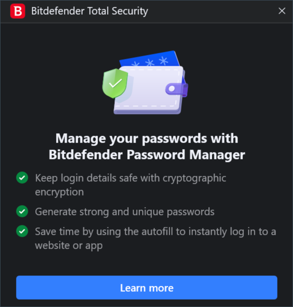 fereastra pop-up Gestionează-ți parolele cu Bitdefender Password Manager