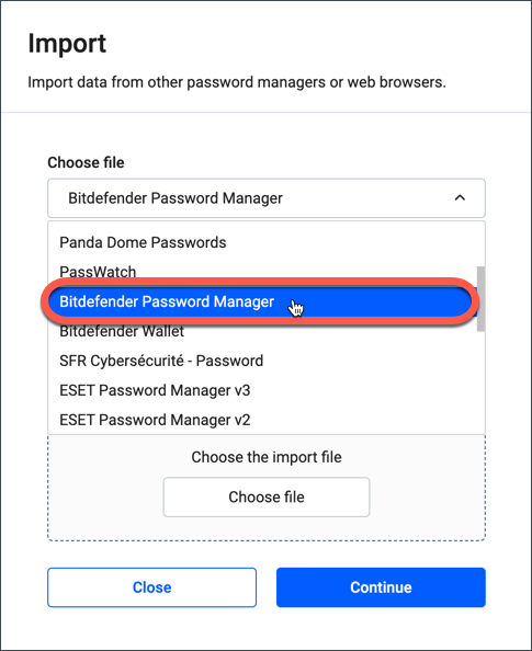 Bitdefender Password ManagerTransfer date din Kaspersky către Bitdefender Password Manager