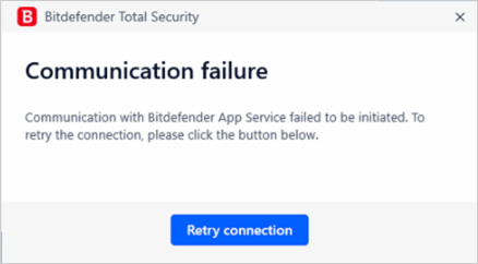Eșec de comunicare. Comunicarea cu Bitdefender App Service nu putut fi inițiată